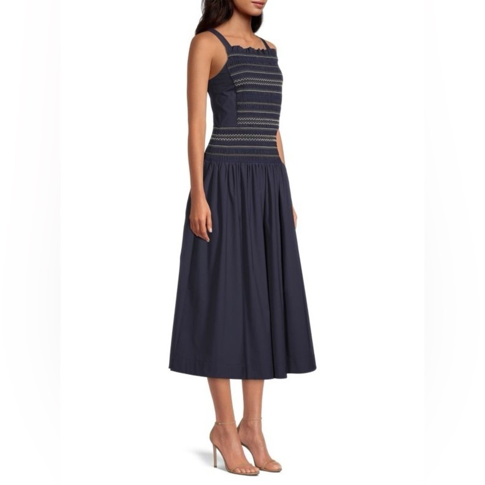 Jason Wu Smocked Drop Waist Midi Dress Navy Blue sz 14 - Picture 2 of 11